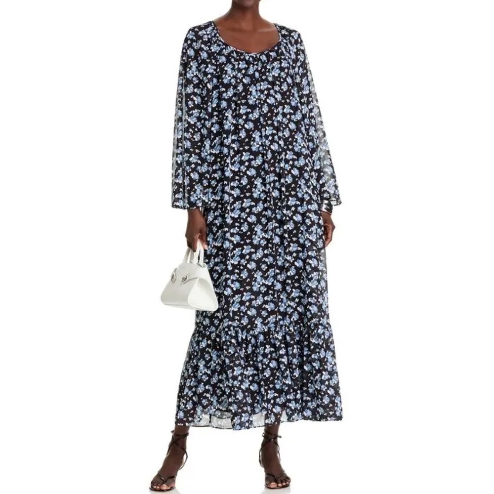 Michael Michael Kors Maxi Dress M Blue Floral Boho Tiered Ruffle fairy lagen
